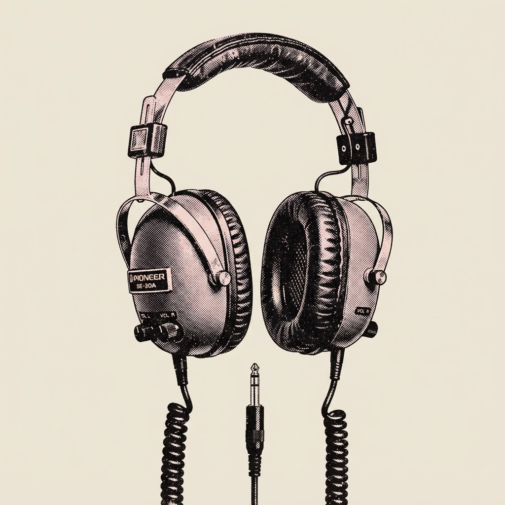 Retro halftone illustration of vintage headphones